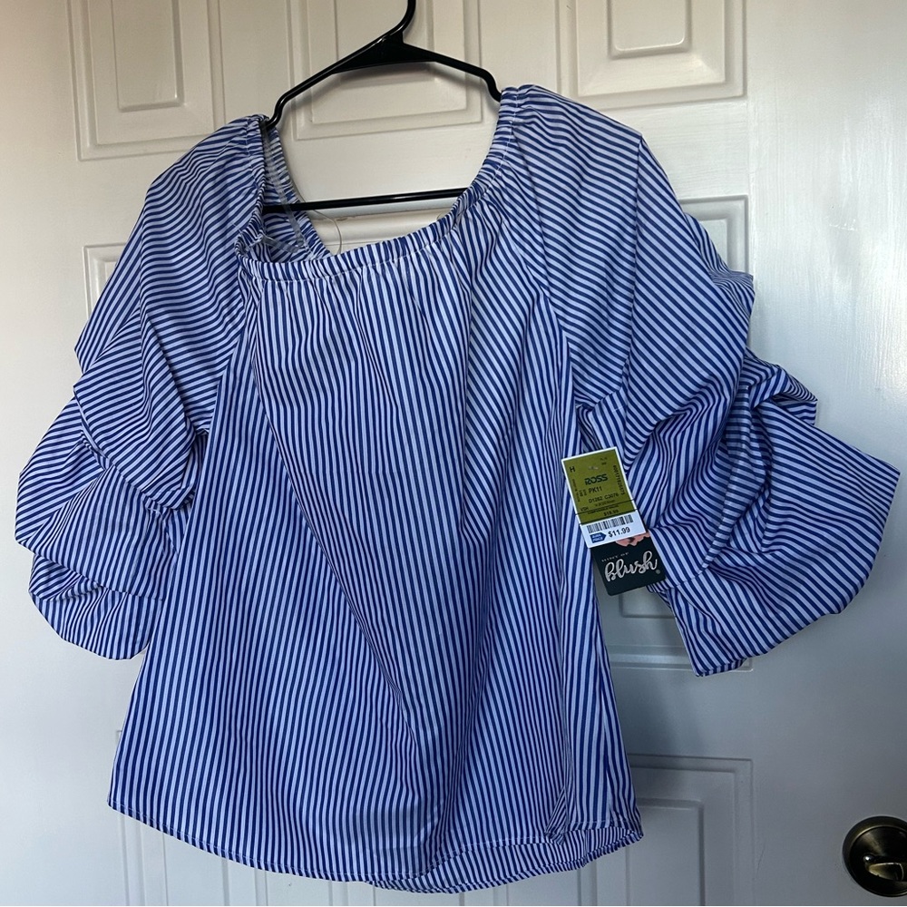 Hint of Blush off the shoulder blue and white striped ruffle blouse NWT